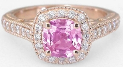 Halo set natural pink sapphire engagement ring in 14k rose gold