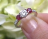 Real Round Diamond and Natural Burmese Ruby Three Stone Engagement Ring in solid 14k white gold for sale
