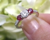 Real Round Diamond and Natural Burmese Ruby Three Stone Engagement Ring in solid 14k white gold for sale