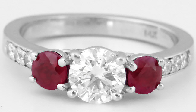 Real Diamond & Genuine Ruby Ring - Round Diamond and Natural Round Ruby Ring in in solid 14k white gold