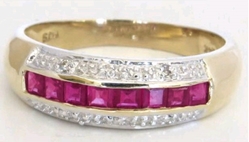 Channel Set Natural Ruby Band Ring with Diamond Accents in solid 14k yellow gold for sale