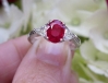 Natural Burmese Ruby Engagement Ring with Trillion Diamonds in Past Present Future Design in 18k white gold