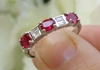 14k white gold Stackable Oval Natural Ruby Band Ring with Baguettes Diamonds