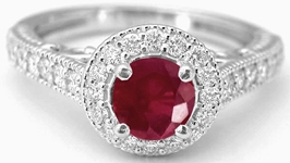 Genuine Round Ruby Ring with Diamond Halo in 14k white gold
