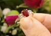 Real Oval Burmese Ruby Engagement Ring with round side natural white sapphires set in simple 14k white gold band