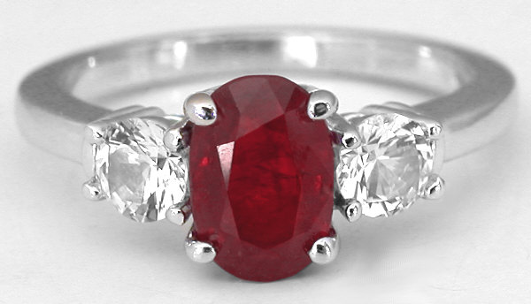 Real Oval Burmese Ruby Ring with round side natural white sapphires set in simple 14k white gold band for sale