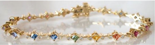 Natural Princess Cut Rainbow Sapphire and Real Diamond Bracelet in solid 14k yellow gold for sale