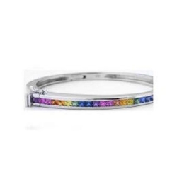 Natural Rainbow Sapphire Bangle Bracelet in solid1 4k white gold with channel set real princess cut sapphires.