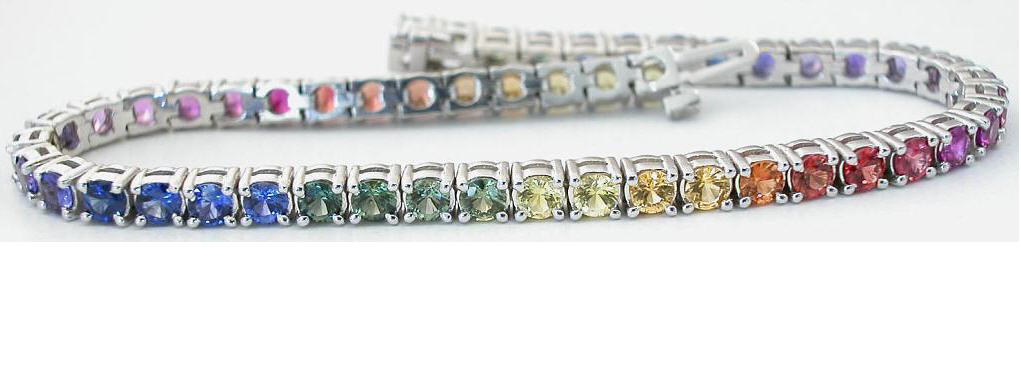 Natural Rainbow Sapphire Bracelet with 3mm round sapphires set in solid 14k white gold for sale