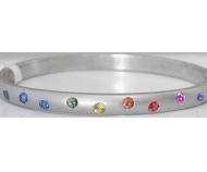 Natural Rainbow Sapphire Bangle Bracelet with burnished round multicolor real sapphires set in solid 14k white gold for sale.