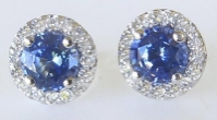Natural Ceylon Round Sapphire Earrings with Real Diamond Halo in solid 14k white gold for sale