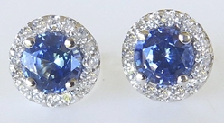 Natural Ceylon Round Sapphire Earrings with Real Diamond Halo in solid 14k white gold for sale