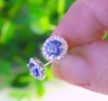 Natural Round Sapphire Earrings with Real Diamond Halo in solid 14k white gold. Sri Lankan sapphires.