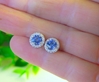 Natural Round Cornflower Blue Sapphire Earrings with Diamond Halo in solid 14k white gold for sale