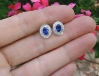 Natural Bezel Set Oval Sapphire and Diamond Halo Earrings 14k White Gold