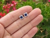Natural Blue Sapphire Stud Earrings with Diamond Halo in 14k white gold. 4mm Princess Cut Studs