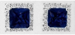 Princess Cut Real Blue Sapphire Earrings with a Diamond Halo in 14k white gold