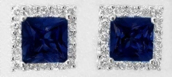 Princess Cut Real Blue Sapphire Earrings with a Diamond Halo in 14k white gold