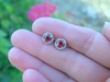 Round Cut Red Orange Natural Sapphire Stud Screw back earrings in 14k white gold with a diamond halo
