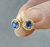 4mm Round Sapphire Earrings with Diamond Halo in 14k yellow gold