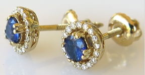 Petite 0.70 ctw Ceylon Blue Sapphire and Diamond Earrings in 14k yellow gold with Screw Back Closure Sapphire Earrings, Sapphire Diamond Earrings, Blue Sapphire Earrings, Sapphire Solitaire Earrings, screw back closure