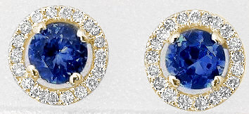 4mm Round Sapphire Earrings with Diamond Halo in 14k yellow gold