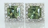 Real Olive Green Princess Cut Sapphire Earrings with a real diamond halo in 14k white gold