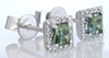 Princess Natural Olive Green Sapphire Earrings with a real diamond halo in 14k white gold for sale