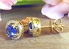 Natural Sapphire and Diamond Earrings - Round Cut Sapphires with a Diamond Halo set in 14k yellow gold