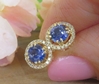 Natural Blue Sapphire Earrings - Round Cut Sapphires with a Diamond Halo set in 14k yellow gold