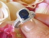 Natural 8mm royal blue sapphire engagement ring with a real diamond halo and fancy ornate 18k white gold mounting