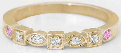 Real Diamond Wedding Band with Natural Pink Sapphires in solid 14k yellow gold
