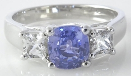 Natural Cushion Blue Sapphire and Princess White Sapphire Three Stone Engagement Ring for sale