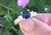 1 carat Real Royal Navy Cornflower Blue Sapphire Ring with Baguette Diamonds in 14k white gold