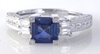 Square Cut Natural Royal Navy Cornflower Blue Sapphire Ring with Baguette Diamonds in 14k white gold for sale