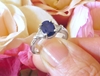 Natural Royal Blue Sapphire and Trillion White Sapphire Three Stone Ring in real 14k white gold