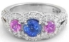 Natural Sapphire Engagement Ring - Three Stone Blue and Pink Sapphire with Real Diamond Halo in solid 14k white gold for sale