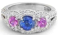 Natural Sapphire Engagement Ring - Three Stone Blue and Pink Sapphire with Real Diamond Halo in solid 14k white gold for sale