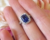 Expensive Large Natural Cushion Cut Blue Sapphire Ring with Real Diamond Halo in Solid 18k White Gold