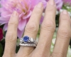 Round Real Blue Sapphire and White Sapphire Three Stone Engagement Ring and Wedding Band in 18k white gold
