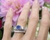 Round Real Blue Sapphire and White Sapphire Three Stone Engagement Ring and Wedding Band in 18k white gold