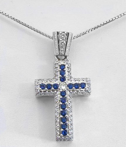 Blue Sapphire Cross Pendant in 14K White Gold with Chain Details about   3/10 Carat ctw 
