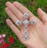 Large Vintage Design Natural Sapphire and Diamond Filigree Cross in 18k white gold