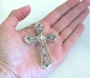 Large Vintage Styled Natural Blue Sapphire and Diamond Filigree Cross in 18k white gold
