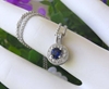 Round Natural Sapphire Pendant with a Diamond Halo in solid 14k white gold for sale