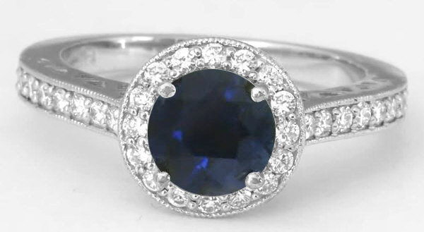 Natural Round Sapphire Ring with Diamond Halo in 14k white gold