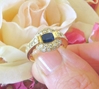 East West Set Oval Natural Sapphire and Diamond Halo Ring in solid 14k yellow gold