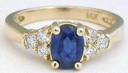 Classic 1 carat Real Sapphire Ring with Diamonds in solid 14k yellow gold