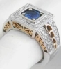 Unique Round Natural Blue Sapphire and Diamond Halo Bold Fashion Ring in solid 14k white gold for sale