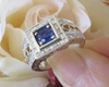 Vintage Design Round Natural Blue Sapphire Bold Fashion Ring with a Real Diamond Halo in solid 14k white gold two tone